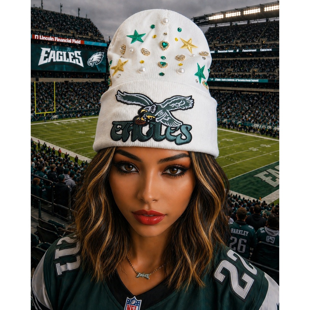 Philadelphia Eagles Beanie White with Logo, Green, Gold Stars and rhinestones